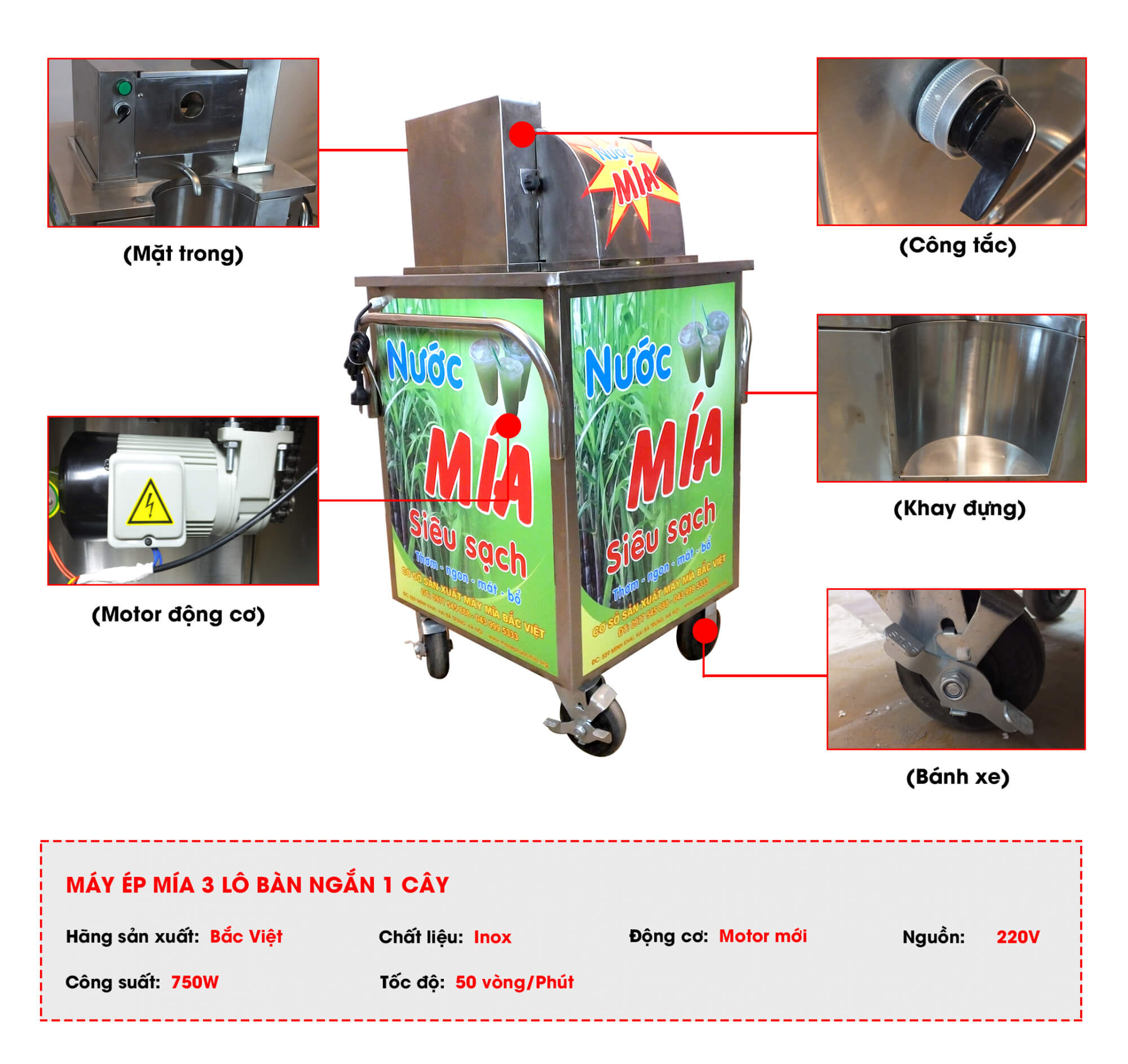 may-ep-mia-3-lo-nua-ban-motor-moi Cấu tạo máy ép mía 3 lô nửa bàn motor mới